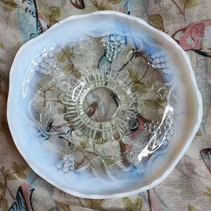 Northwood Vintage Opalescent Pedestal Grape and Vine Pattern Formal Glass Dish